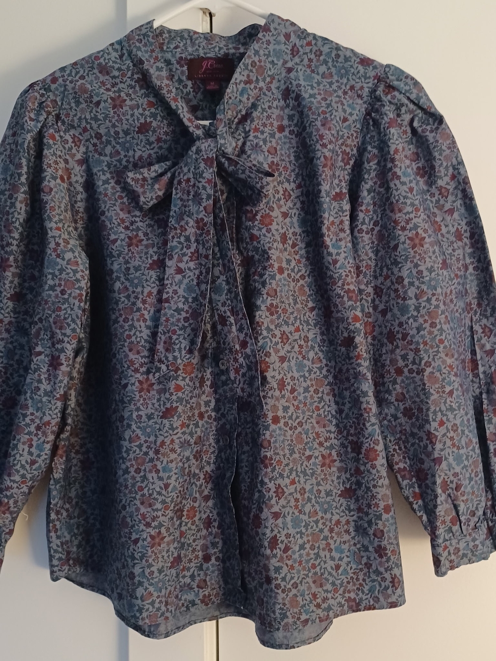 J. Crew Blue Floral Tie-Neck Puff Sleeve Blouse